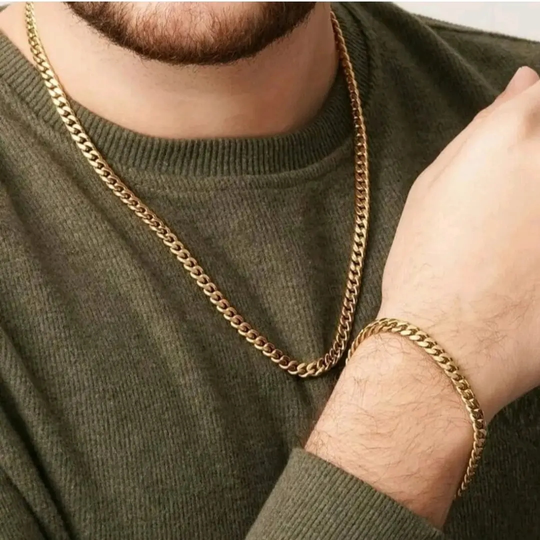 ست دستبند و گردنبند مردانه استیل کارتیر طلایی(ویولت گالری) کد ۵۰۲۱