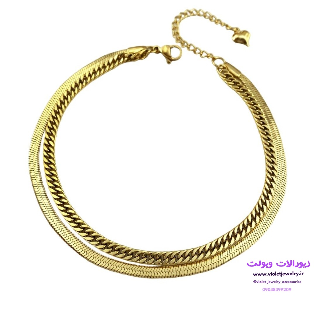 دستبند و پابند دولاین دخترانه طلایی جنس استیل رنگ ثابت کد ۱۳۹۸