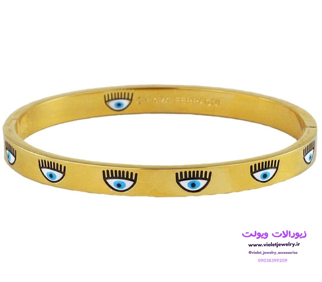 دستبند النگویی بنگل استیل طلایی طرح چشم برند ysx کد ۱۳۰۰
